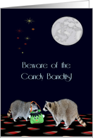 Halloween with Raccoons Under a Full Moon and a Candy Bag card