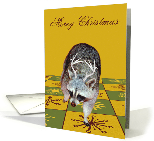 Christmas, general, Raccoon with red nose and antlers on gold card