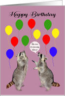 Birthday with Raccoons Taking Cover from Lots of Colorful Balloons card