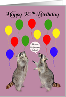 90th Birthday, cute raccoons taking cover, colorful balloons on purple card