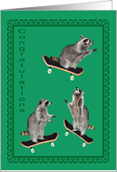 Congratulations, general, Raccoons skateboarding on green with frame card
