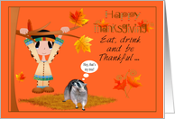 Thanksgiving with a Native American Boy Hanging from Tree and Raccoon card