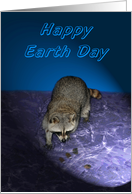 Earth Day, Raccoons in water with rocks under spot light, blue, purple card