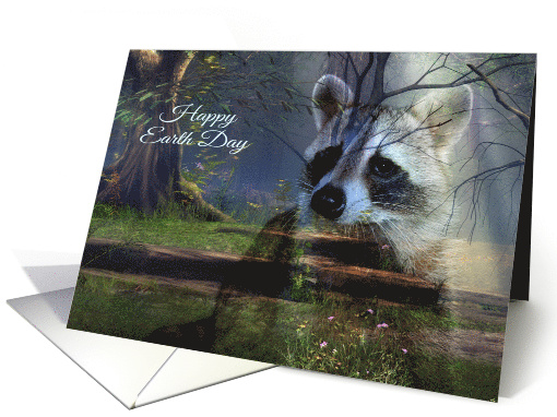 Earth Day, April 22, general, Raccoon overlayed on a wooded scene card