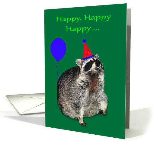 Birthday, Raccoon wearing a party hat, colorful happy text... (622001)