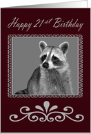 21st Birthday, Raccoon Portrait in fancy frame on gray and burgundy card