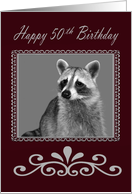 50th Birthday, Raccoon Portrait in fancy frame on gray and burgundy card
