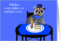 Birthday, Raccoon smiling with cowboy hat, table setting, cake on blue card