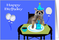 Birthday, general, an adorable smiling raccoon in a party hat card