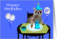 18th Birthday, Adorable raccoon wearing a party hat, cake on blue card