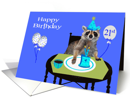 21st Birthday, Adorable raccoon wearing a party hat, cake on blue card