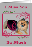 Miss You, Humor, Pomeranian wearing dress in fancy pink frame on gray card