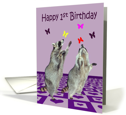 1st Birthday, adorable raccoons playing with butterflies... (641702)