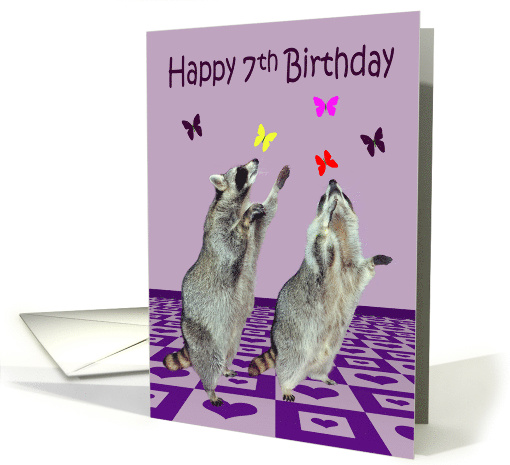 7th Birthday, adorable raccoons playing with butterflies... (641709)
