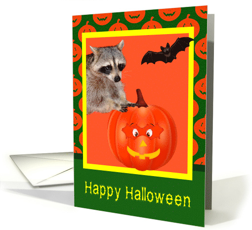 Halloween, general, raccoon with jack-o-lantern in yellow frame card