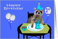 1st Birthday, Adorable raccoon wearing a party hat, cake on blue card
