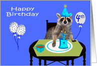 4th Birthday, Adorable raccoon wearing a party hat, cake on blue card