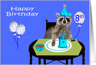 8th Birthday, Adorable raccoon wearing a party hat, cake on blue card