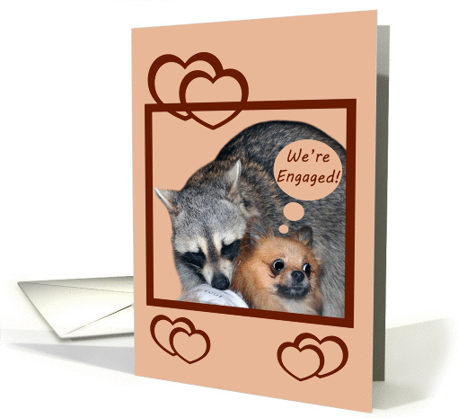Announcement, Engagement, Raccoon and Pomeranian in frame, hearts card