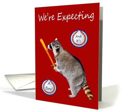Announcement, We're Expecting A Boy, Raccoon licking baseball bat card