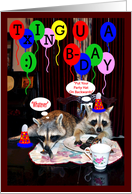 Birthday to Teenager with a Raccoon Texting and One Saying Whatever card