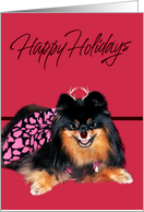 Happy Holidays a Pomeranian with a Red Nose and Antlers card