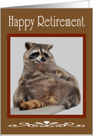 Congratulations, Retirement, Raccoon smiling, relaxing on gray, brown card