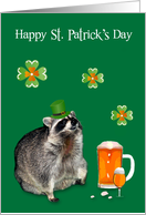 St. Patrick’s Day, general, raccoon wearing hat with pitcher of beer card