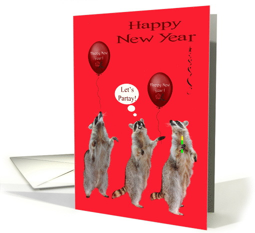 New Year with Three Raccoons with One Holding a Noisemaker card