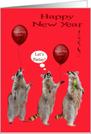 New Year with Three Raccoons with One Holding a Noisemaker card