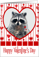 Valentine’s Day, general, Raccoon in red heart holding hearts, white card