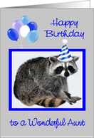 Birthday to Aunt, Adorable raccoon wearing a party hat, balloons card