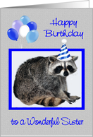 Birthday to Sister, adorable raccoon wearing a party hat, balloons card