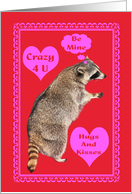 Valentine’s Day, Be Mine, Raccoon, conversation pink hearts on red card