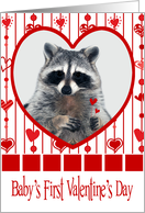 Valentine’s Day for Baby’s First, raccoon in red heart holding hearts card