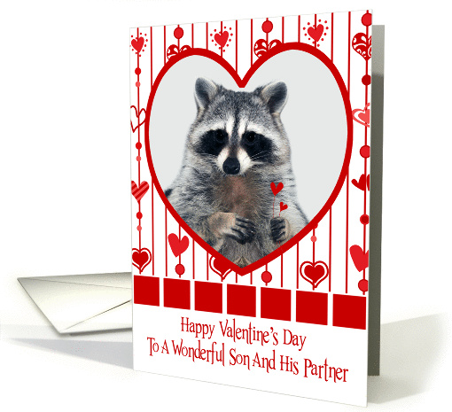 Valentine's Day To Son And Partner, Raccoon in red heart, white card