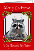 Christmas To Life Partner, red nose raccoon with antlers, poinsettia card
