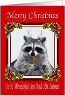 Christmas To My Son and His Partner, red nose raccoon with antlers card