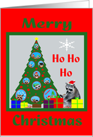 Christmas, general, raccoon in a Santa Claus Hat, presents, tree card