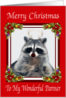 Christmas To Partner, Red Nose Raccoon with antlers, poinsettia swag card