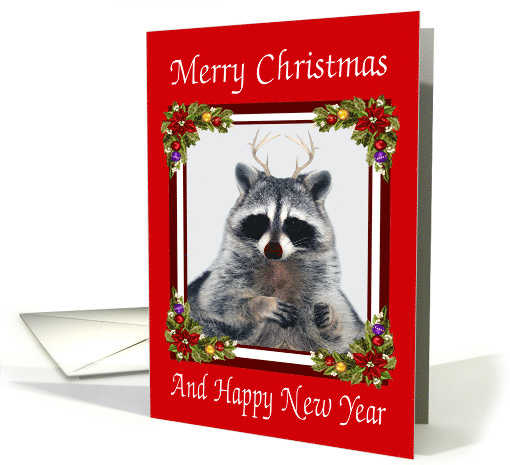 Christmas to New Parents, Adoptive, Red Nose Raccoon with antlers card