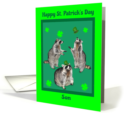 St. Patrick's Day to Son, raccoons with shamrocks, hats on green card