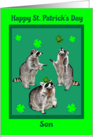 St. Patrick’s Day to Son, raccoons with shamrocks, hats on green card