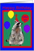 16th Birthday, Sweet, Raccoon with hat, balloons on green, red, blue card