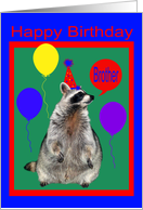 Birthday to Brother, Raccoon with party hat, balloons on green, red card