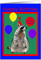 Birthday To Grandpa, Raccoon with hat and balloons on green, red, blue card