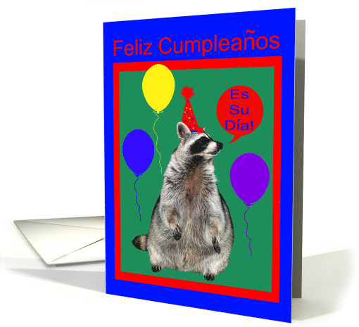 Birthday in Spanish with a Raccoon Wearing a Party Hat and... (736955)