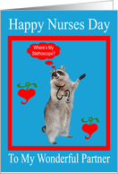 Nurses Day To Partner, raccoon with stethoscope in red frame on blue card