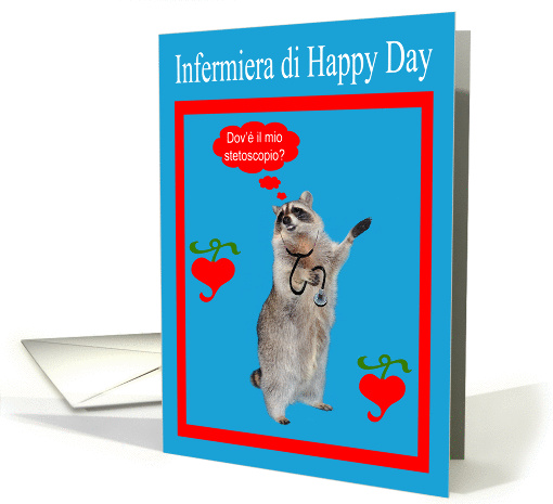 Nurses Day, Italian, raccoon with stethoscope in red frame... (737593)
