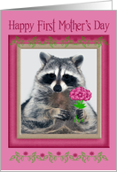 First Mother’s Day, Raccoon with bouquet of flowers in a pink frame card